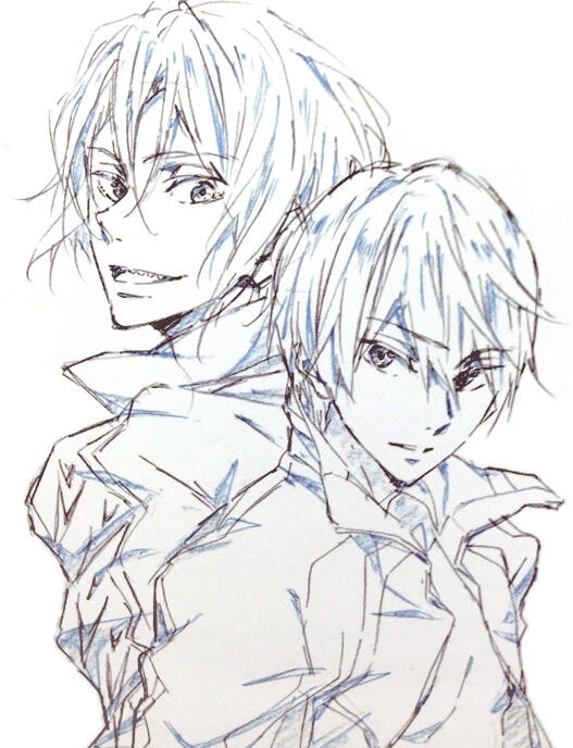 A sketch of Rin & Haru, standing back-to-back and smiling at the camera.